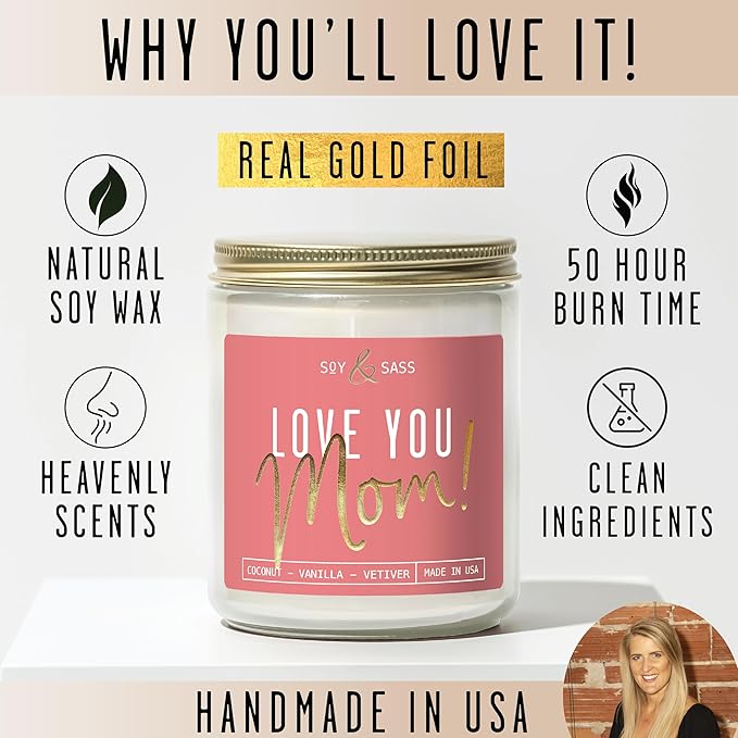 Gifts for Mom, Mom Birthday Gifts, Mothers Day Gifts for Mom - 'Love Mom' Soy Candle, w/Coconut & Vanilla I Birthday Gifts for Mom Gifts from Daugher or Son I 50Hr Burn, USA Made