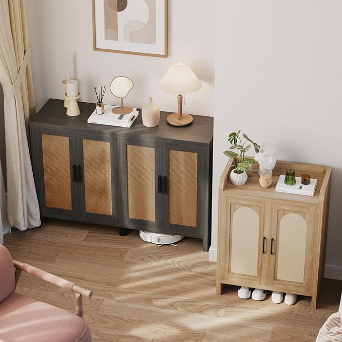 Rattan Buffet Cabinet with Storage, Sideboard with Doors, TV Stand, Farmhouse Side Board Coffee Bar, Modern Wood Storage Cabinets for Livingroom, Kitchen and Dining Room (Black)