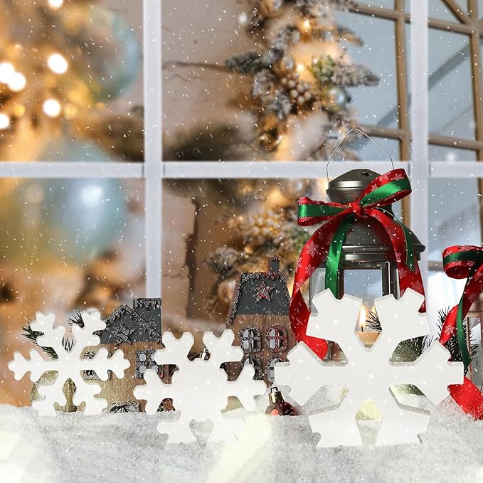 Bucherry 3 Pcs Winter Wooden Snowflake Decor Rustic Winter Snowflake Table Signs Wonderland Wood Blocks Farmhouse Christmas Tiered Tray Decorations for Xmas Table Shelf(Glitter White)