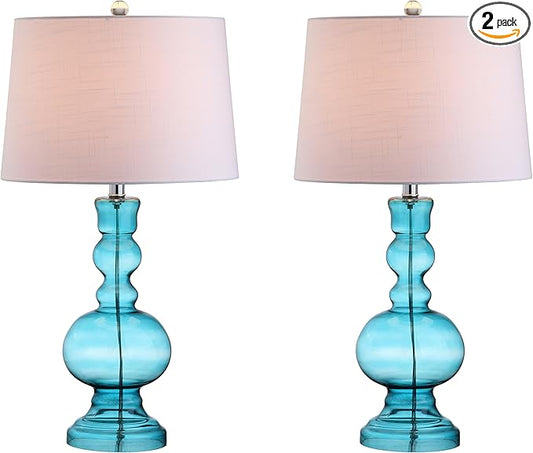 JONATHAN Y JYL1061A-SET2 Set of 2 Table Lamps Genie 28.5" Glass LED Table Lamp Contemporary Transitional Bedside Desk Nightstand Lamp for Bedroom Living Room Office College Bookcase, Aqua