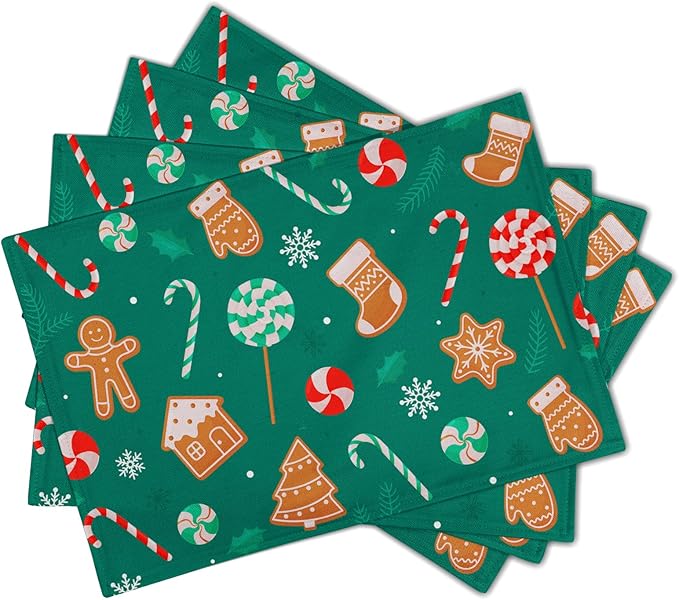 Gingerbread Placemats 12×18 Inches Set of 4 Holiday Green Indoor Kitchen Dining Table Place Mats for Home Party Decoration
