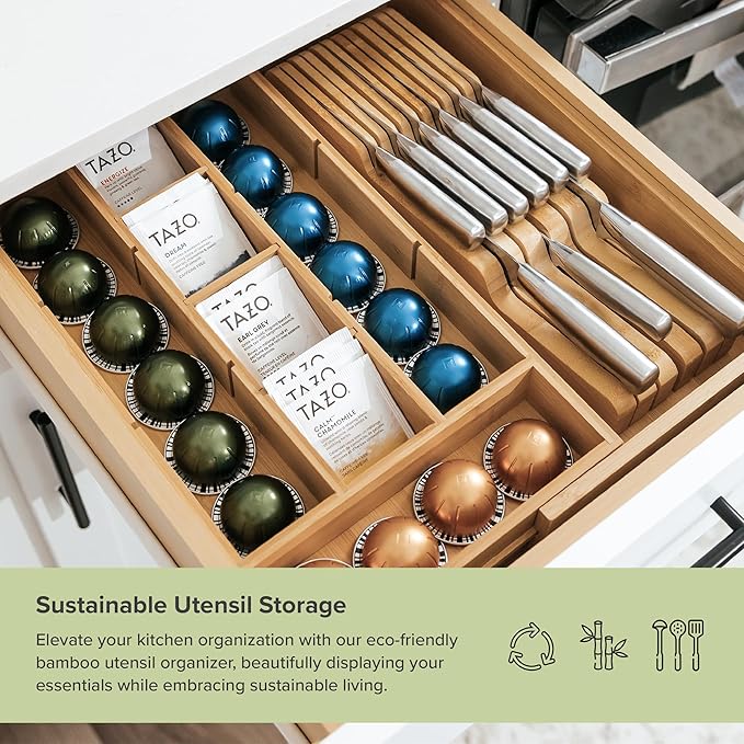 Tea Bag and Coffee Pod Kitchen Drawer Organizer, Expandable 9.7 to 17 Inches, 10 Accessory Compartments with Adjustable Wall Inserts, Non-Slip Rubber Feet, 100% Sustainable Bamboo Wood