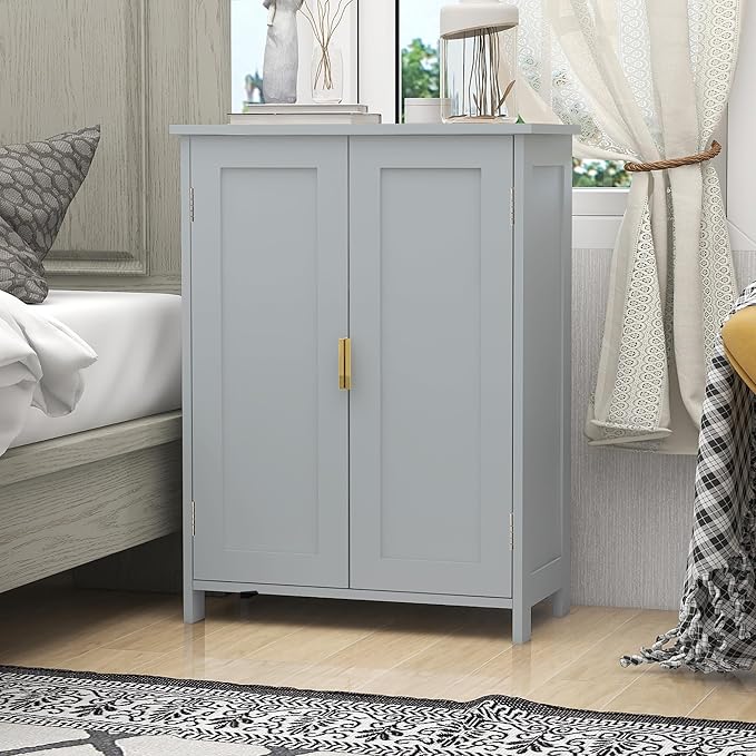 TaoHFE Grey Freestanding Bathroom Cabinet, 2 Doors, Towel Cabinet, Small Storage for Office, Restaurant, Living Room