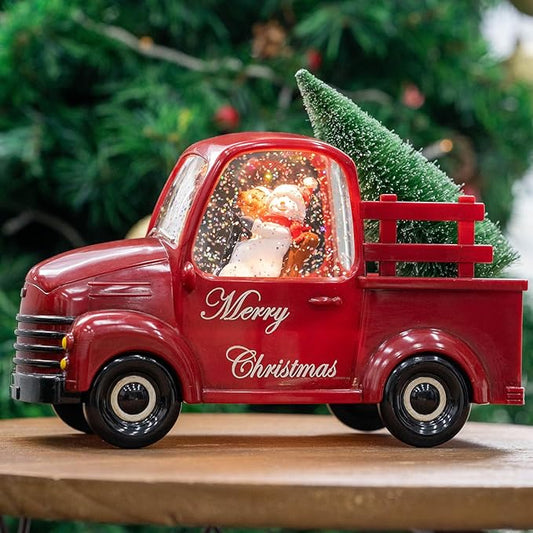 Xindian Musical Red Truck Snow Globe with Swirling Glitter, Snowman & Dog, Carrying Christmas Tree, Spinning Water Lantern for Christmas Decor