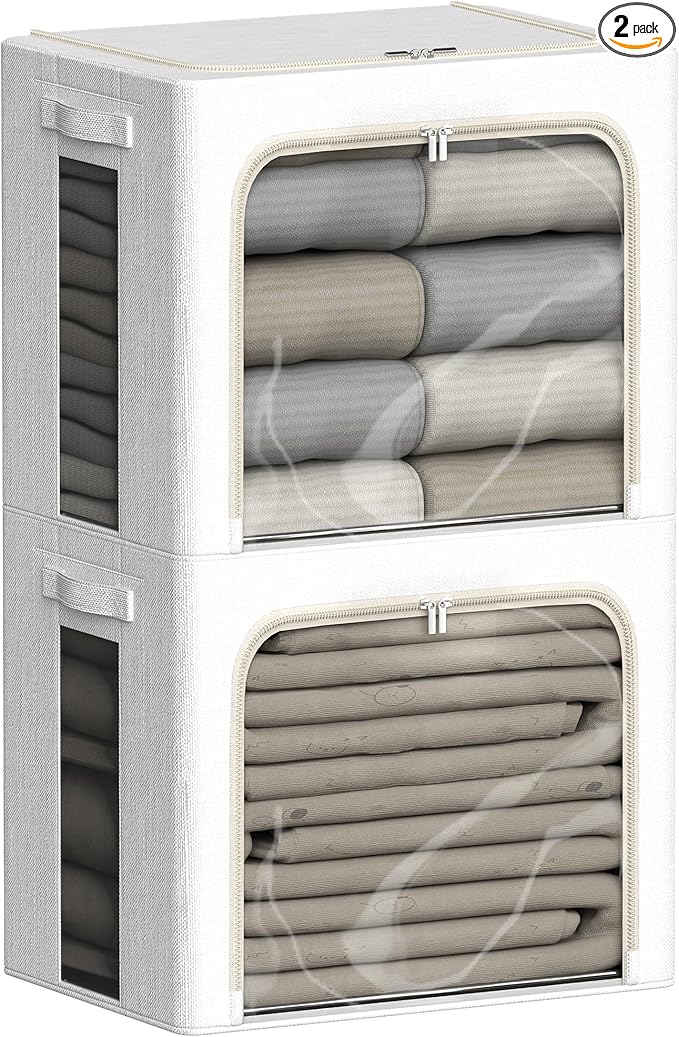 2 Pack Clear Window Storage Bins Large Stackable Linen Fabric Storage for Clothes Foldable Container Organizer Set with Carrying Handles (Lvory White, 23.6x 16.5x 15.7 Inch)
