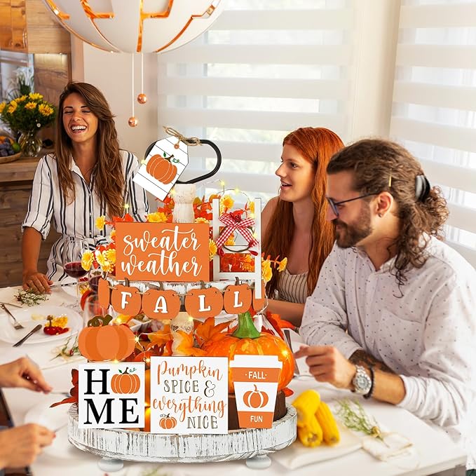 Sumind 15 Pcs Fall Tiered Tray Decor Set Fall Decorations for Home Autumn Wood Signs Thanksgiving Orange Brown Table Signs Farmhouse Wooden Maple Pumpkin Gnomes Tabletop for Festival(Home)