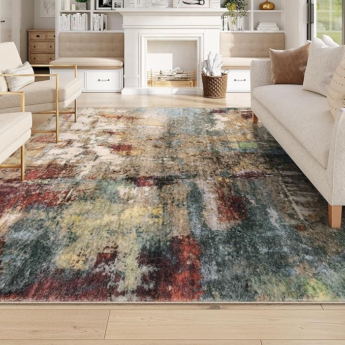 Lahome Modern Abstract Living Room Rug 8x10, Washable 8x10 Area Rugs for Bedroom Stain Resistant Non Slip, Large Red Soft Indoor Carpet for Dining Room Table Home Decor