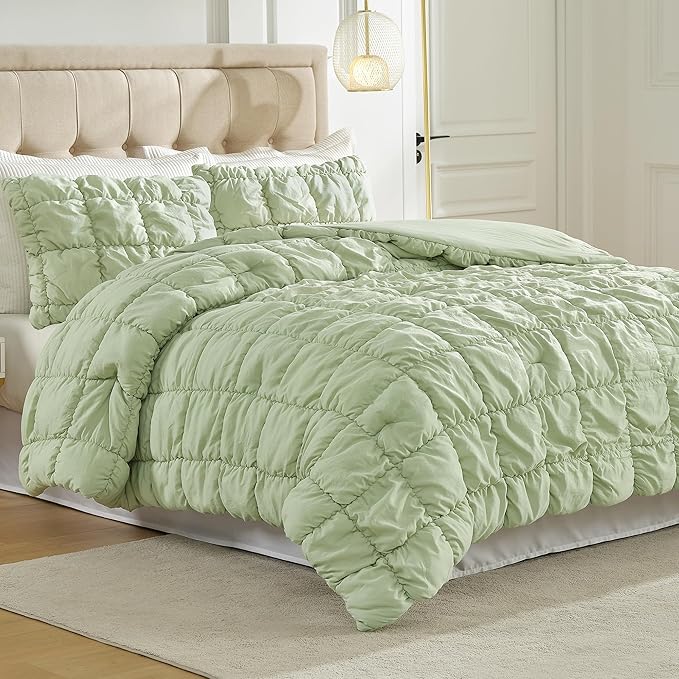 Amelie Home Sage Green Bubble Comforter Set Twin, 2 Pieces Ultra Soft Cozy Bedding Set for All Seasons, Farmhouse Luxury Gift for Women Home Decor, 68 x 90 inches