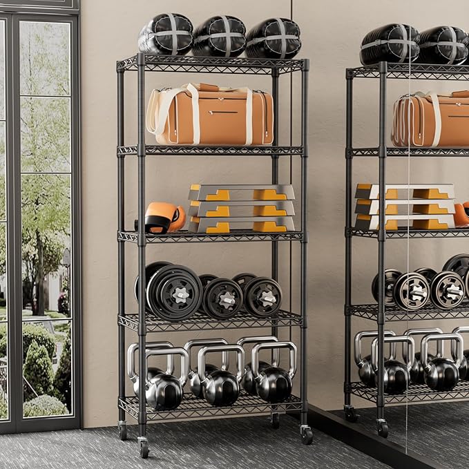 SINGAYE 5 Shelf Adjustable Heavy Duty Storage Shelving Unit with Wheels Steel Organizer Wire Rack Shelves Bathroom Organizers and Shelf Wire Closet Metal Pantry Kitchen Garage 14" DX30 WX70 H Black