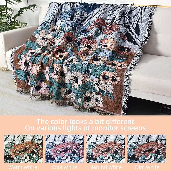 Boho Throw Blanket Reversible Cotton Bohemian Tapestry Hippie Room Decor Double Sided (Boho Flower Dark 50"x60")