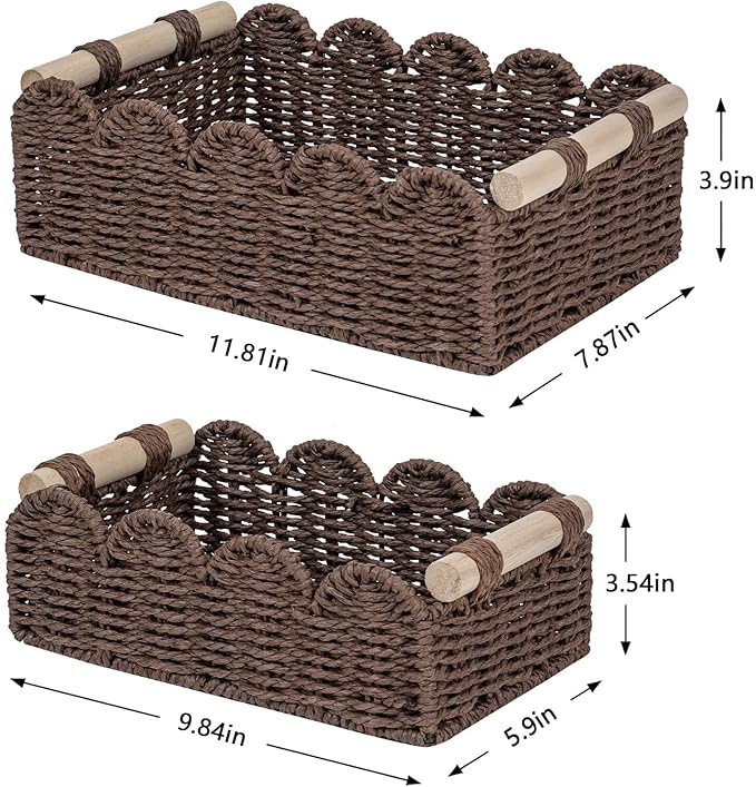 CubesLand Paper Rope Scalloped Edge Shelves Baskets Set 2, Idea for Over Toilet Storage Shelf, End Table, Nightstand, Toilet Tank Basket with 2 Wood Handle, Stylist&Useful Both Storage&Decor, Brown
