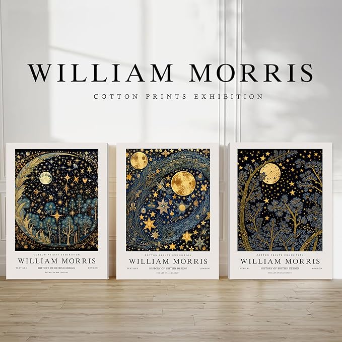 WRFON William Morris Canvas Wall Art, Vintage Gold Moon Wall Decor, Dreamlike Stars Poster Prints, Retro Botanical Aesthetic Pictures for Bedroom Living Room Office Framed Ready to Hang 12"x16"x3