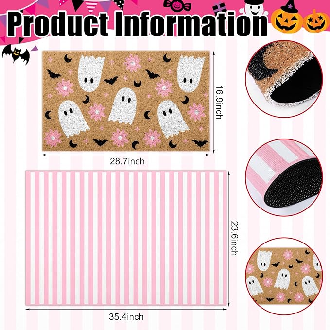 2 Pcs Halloween Door Mat Ghost Welcome Non Slip Coir Mats Pink Flower Cute Bat Stripe Floor Layering Doormats Seasonal for Front Porch Entryway Decor(Flower Ghost)