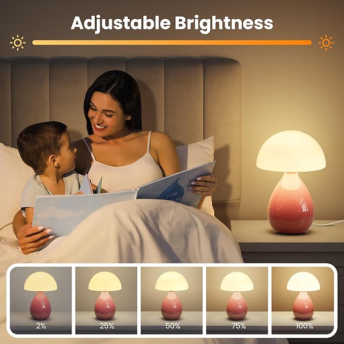 Mushroom Lamp Table Light, Mini Modern Lamp Bedside Small Table Nightstand LED, Small Light Dimmable for Bedroom, Living Room, Ceramic Base Glass Led Home Decor for Woman Children Gift