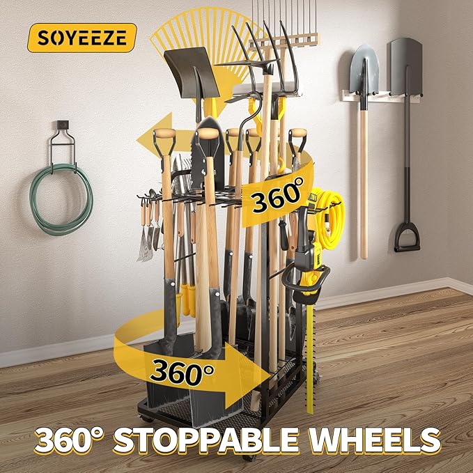 SOYEEZE Garden Tool Organizer with Lockable Wheels, 3-Tire Heavy Duty Yard Tower Tool Rack for Garage, Up to 35 Long-Handled Tools, Garden Tool Cart with 12 Hooks for Tool Organization and Storage
