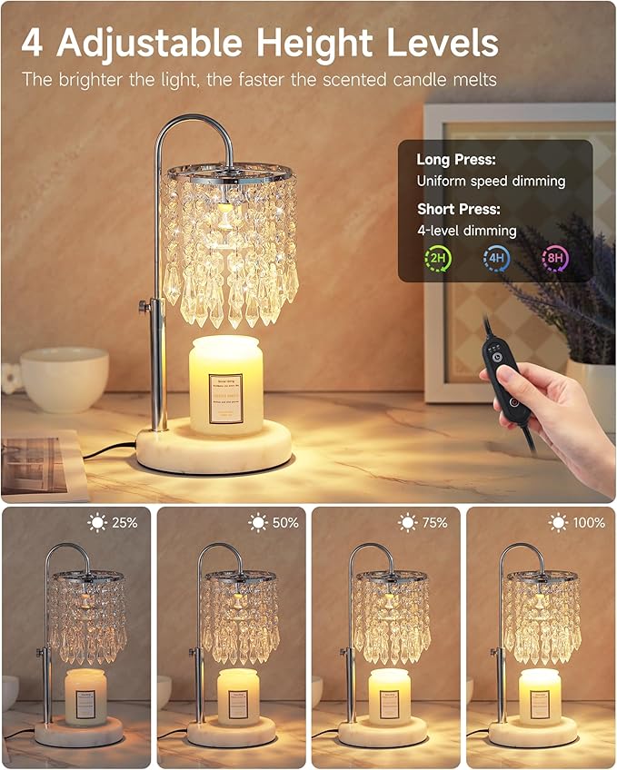 Candle Warmer Lamp with Timer Dimmer and 3 Bulbs, Candle Lamp Warmer with Marble Base for Adjustable Height, Crystal Candle Lamp for Jar Candles, House Warming Gifts Home Room Decor, Silver