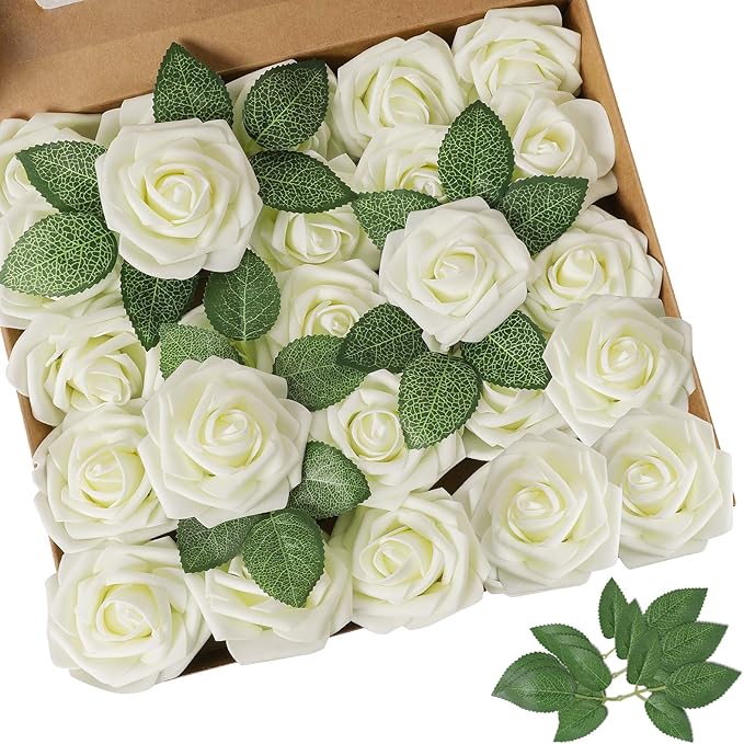 AmyHomie Artificial Flower Ivory Rose 25pcs Real Looking Fake Roses w/Stem for DIY Wedding Bouquets Centerpieces Arrangements Party Baby Shower Home Decorations