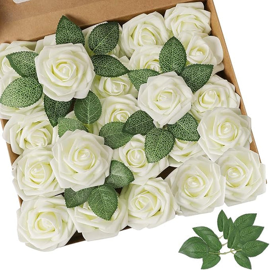 AmyHomie Artificial Flower Ivory Rose 25pcs Real Looking Fake Roses w/Stem for DIY Wedding Bouquets Centerpieces Arrangements Party Baby Shower Home Decorations