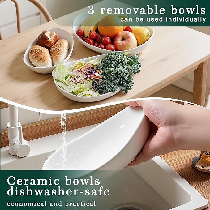 SEVEN SPARTA Fruit Bowl for Kitchen Counter - 3 Tier Ceramic Serving Bowls with Bamboo Stand, Tiered Fruit Basket for Fruit Vegetable Storage, Cake, Dessert, Nuts, Snack, Salad (Dishwasher safe)