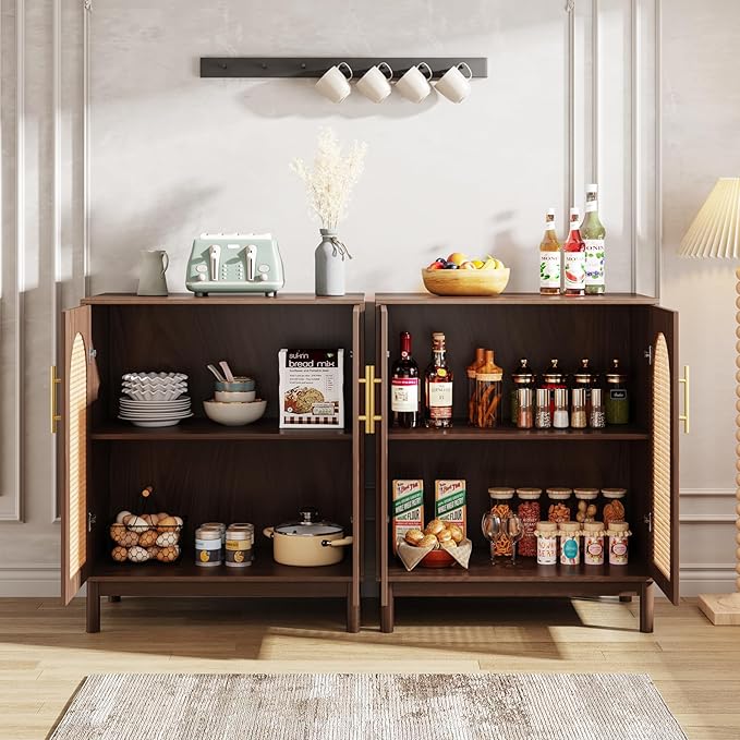 Tribesigns Set of 2 Rattan Sideboard Buffet Cabinet with Storage, 59 Inch Accent Cabinet for Dining Room, Living Room, Kitchen, Rattan and Dark Brown