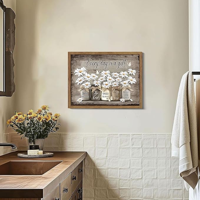 Rustic Bathroom Wall Art, Vintage Daisy Farmhouse Canvas Wall Decor Paintings, Flower Butterfly Inspirational Posters Prints Pictures Artwork for Bathroom Restroom 16x24 Inch Wood Framed