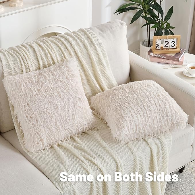 FUTEI Cream White Decorative Throw Pillow Covers 22x22 Inch Set of 2,Soft Fluffy Faux Feather Texture Cushion Cases,Modern Home Luxury Decor for Couch Bed Living Room