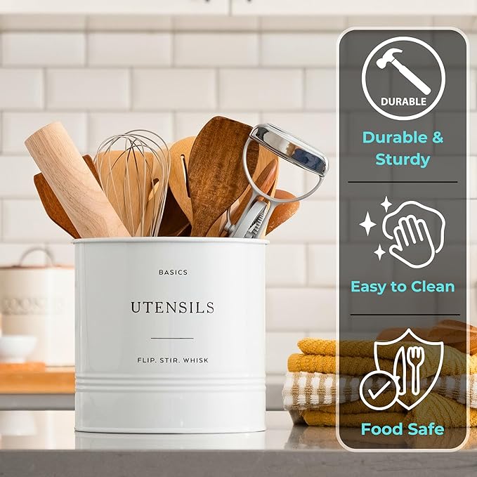 D'Lifeful Kitchen Utensil Holder for Countertop - 7" x 7" Large Utensil Holder for Kitchen Counter - Farmhouse Spatula & Cooking Tools Organizer - White Metal Crock for Modern Aesthetics