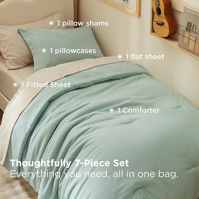 Bedsure Twin XL Comforter Set - Extra Long 5 Pieces Sage Green Twin XL Bedding Set for All Seasons, Boho Contrasting Design Bed in a Bag with Comforter, Sheets, Pillowcase & Sham