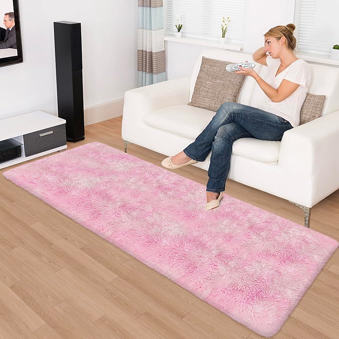 Super Soft Fluffy Living Room Area Rug 2x6 ft Tie-Dyed Light Pink Shaggy Furry Carpet Washable Non-Slip Floor Rugs Bedroom Bedside Nursery Kawaii Rug Fuzzy Girls Dorm Home Decor Aesthetic