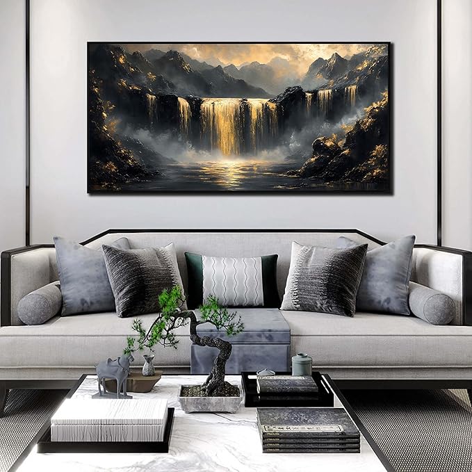 Waterfall Artwork for Wall Living Room - Mountain Pictures Wall Decor for Office - Large Black Framed Wall Art for Bedroom Size 29" x 59"