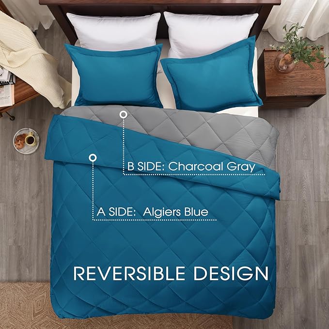 Basic Beyond Queen Comforter Set - Blue Comforter Set Queen, Reversible Bed Comforter Queen Set for All Seasons, Algiers Blue/Charcoal Gray, 1 Comforter (88"x92") and 2 Pillow Shams (20"x26"+2")
