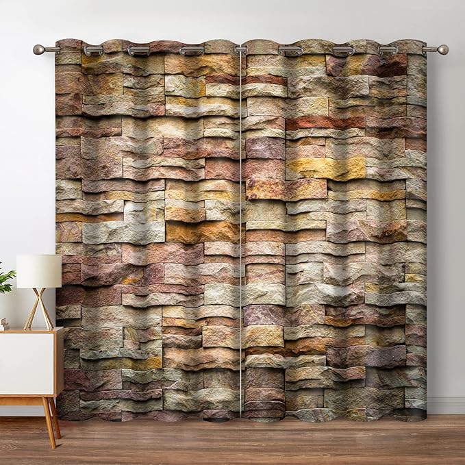Jekeno Retro Brick Marble Blackout Curtains Colorful Brick Slate Stone Wall Rocks Featured Facade Design Home Bedroom Living Room Decor Brown Grommet Window Drapes 2 Panel Set, 52"x84"