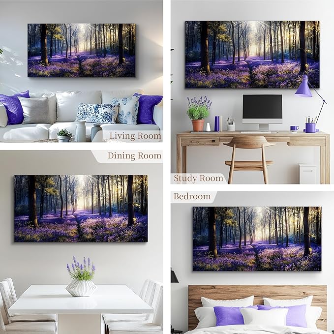 crmotu Nature Landscape Large Wall Art, Lavender Forest Nature Canvas Painting, Sunshine Scenery Aesthetic Art Prints, Purple Floral Wall Pictures for Living Room Bedroom Home Office 30X60 Inches