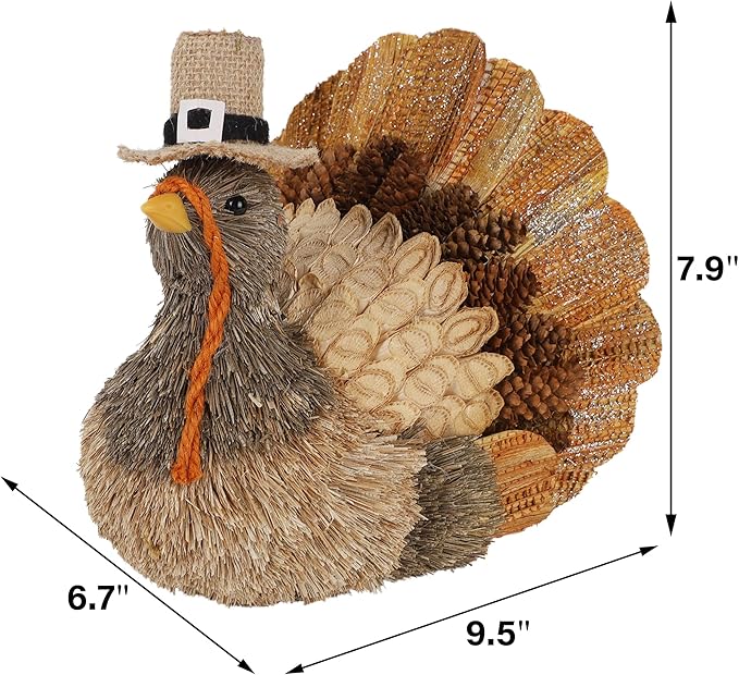 winemana Thanksgiving Turkey Decor – 7.9" Tall Sisal Turkeys Table Centerpiece with Top Hat, Fall & Harvest Home Decor, Thanksgiving Decorations Indoor