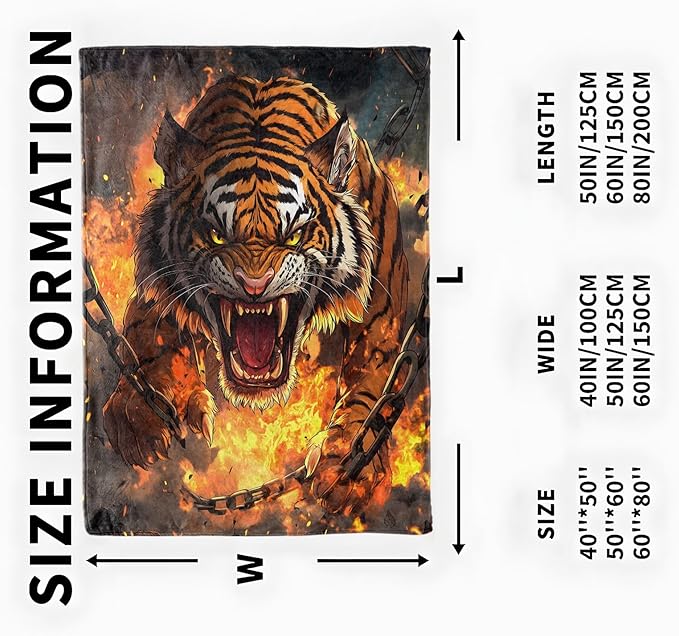 Fierce Tiger in Flames Blanket, Cozy Flannel Roaring Tigers Throw Blanket, Soft Fuzzy Blankets for Travel Home Decor, All Season Lightweight Couch Bed Cover, Gifts for Women Adults Kids 40"×50"