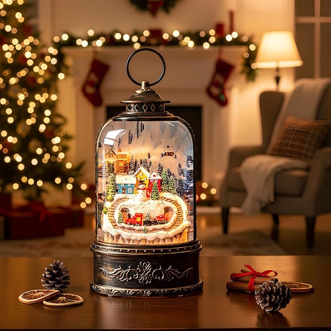 Christmas Snow Globe Lantern Water Glittering Snowman & Train with Music & Timer, USB Lined/Battery Operated Lighted Lantern for Christmas Festival Decoration Gifts