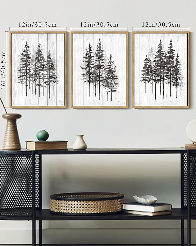 KUVIOKE Modern Pine Tree Framed Wall Decor Nature Forest Wall Decor Vintage Rustic Minimalist Paints for Farmhouse Bedroom Dining Room Decor12x16in (Natural Framed)