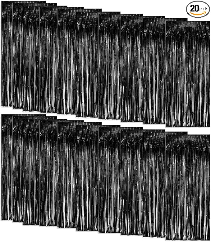 20 Pack Foil Curtain Backdrop Black Metallic Tinsel Foil Fringe Curtains Photo Booth Props for Birthday Wedding Engagement Baby Shower Bachelorette Christmas Holiday Celebration Party Decorations