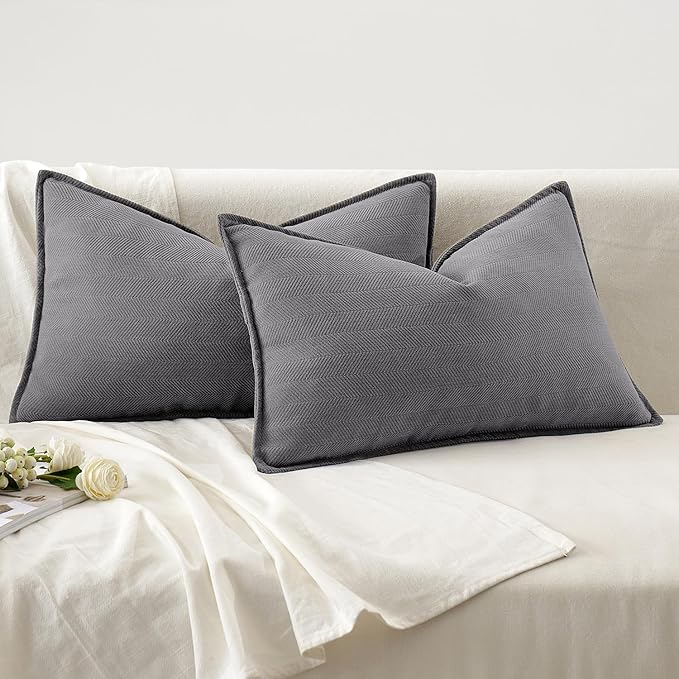 MIULEE Pack of 2 Grey Decorative Lumbar Pillow Covers 12x20 Inch Soft Chenille Luxurious Couch Throw Pillows Farmhouse Cushion Covers with Elegant Design for Sofa Bedroom Living Room Home Decor