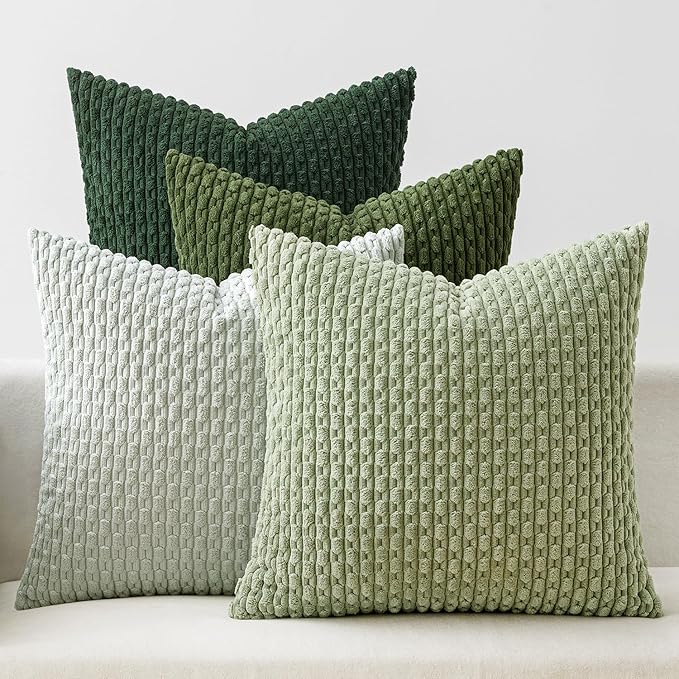MIULEE Decorative Sage Green Christmas Throw Pillow Covers Soft Couch Set of 4 Boho Striped Cushion Covers Corduroy Pillowcases Farmhouse Home Decor for Couch Bed Sofa Room 20x20 Inch Forest Green