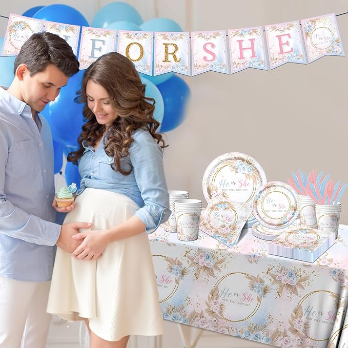 Boho Baby Shower Decorations - 142Pcs Gender Reveal Plates,Napkins,Tablecloth He or She What Will Baby Be Party Tableware for Boy or Girl Gender Reveal,Neutral Baby Shower Party Supplies