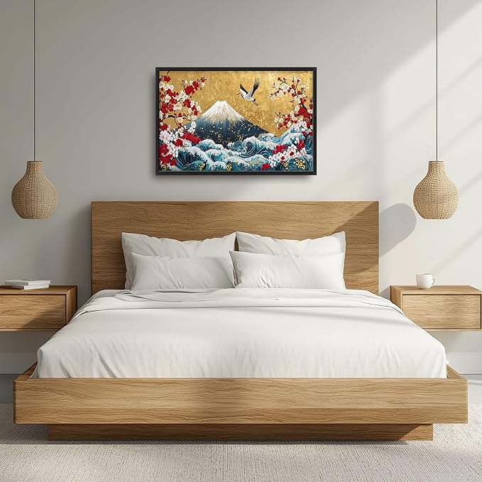 Japanese Large Wall Art for Living Room, Fuji Mountain Oversized Wall Decor Pictures, Ocean Wave Framed Canvas Print Painting, Vintage Artwork for Bedroom Office Home Decor 36"x24"