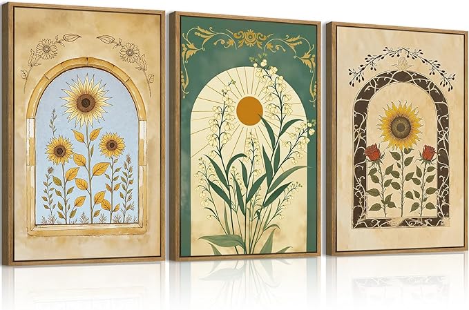 ANHUIB Vintage Boho Spiritual Wall Decor 16x24 Inch Botanical Wall Art Earthy Sunflower Illustration Set of 3 for Living Room Bedroom Office