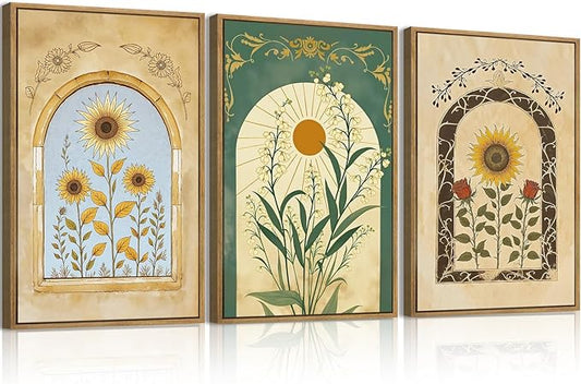 ANHUIB Vintage Boho Spiritual Wall Decor 16x24 Inch Botanical Wall Art Earthy Sunflower Illustration Set of 3 for Living Room Bedroom Office
