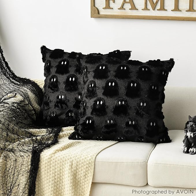 AVOIN colorlife Halloween Ghost Black Throw Pillow Cover Set of 2, 18 x 18 Inch Soft Plush Faux Fur Jacquard Spooky Cushion Case Decoration for Sofa Couch