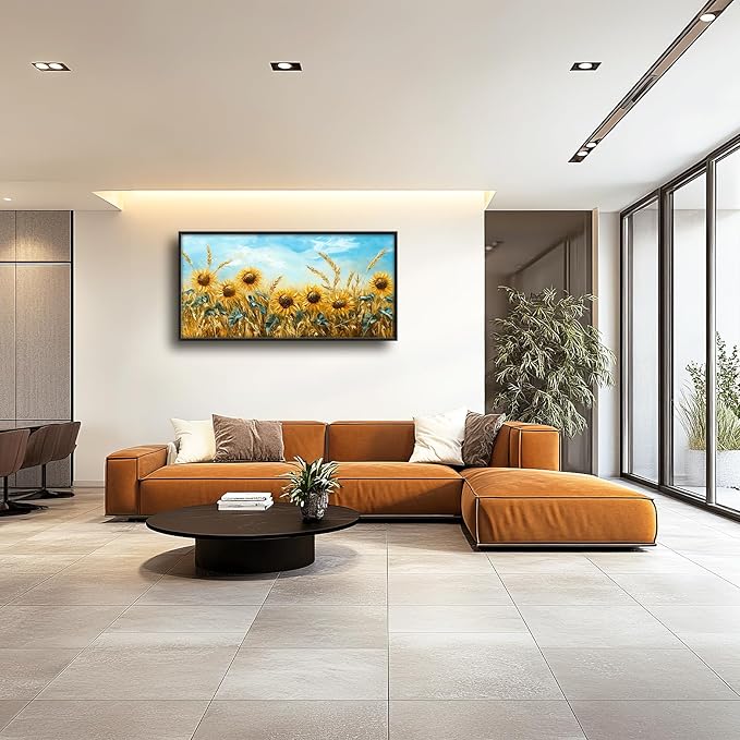 Olivine Large Wall Art, Sunflower Pictures Wall Decor, Sunflower Wheat Painting, Nature Landscape Canvas Prints, Framed Artwork for Living Room Bedroom Bathroom Office Home Decoration 60"x30"