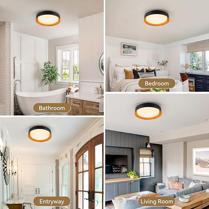 12 Inch LED Flush Mount Ceiling Light with Remote, 18W Flush Mount Light Fixture in Balck and Wood Finish, Dimmable Ceiling Light for Bedroom, Hallway, Entryway, Bathroom, Kitchen