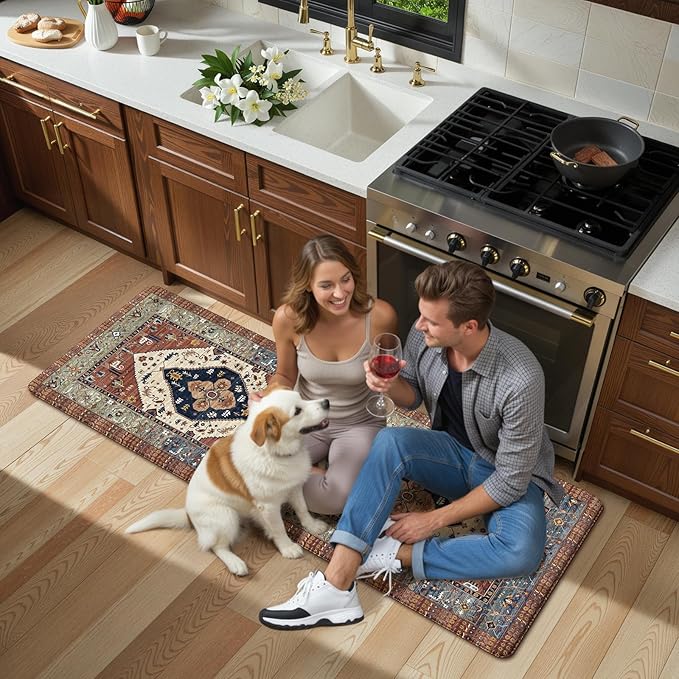 KIMODE Kitchen Mats Cushioned Anti Fatigue, Red Floral Kitchen Runner Rugs 24"x59", Boho Padded Kitchen Floor Mats Non Slip, Comfort Memory Foam Standing Mats for Laundry Office Sink Desk