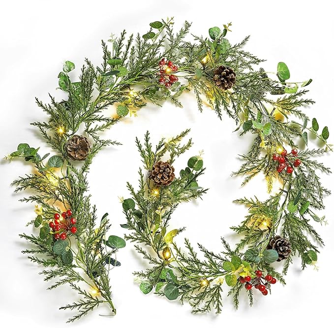Brightown Christmas Garland with Lights, 6 Ft LED Battery Operated Christmas Lights with Pine Cones, Berry, Eucalyptus Leaves, Indoor Christmas Decorations for Stairs Fireplace Door, 2 Pack