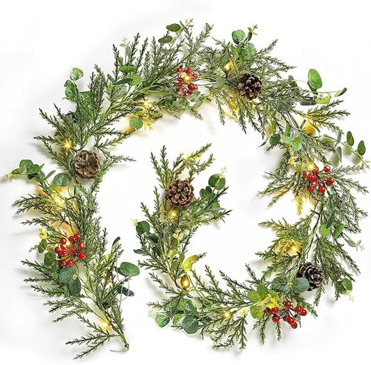 Brightown Christmas Garland with Lights, 6 Ft LED Battery Operated Christmas Lights with Pine Cones, Berry, Eucalyptus Leaves, Indoor Christmas Decorations for Stairs Fireplace Door, 2 Pack